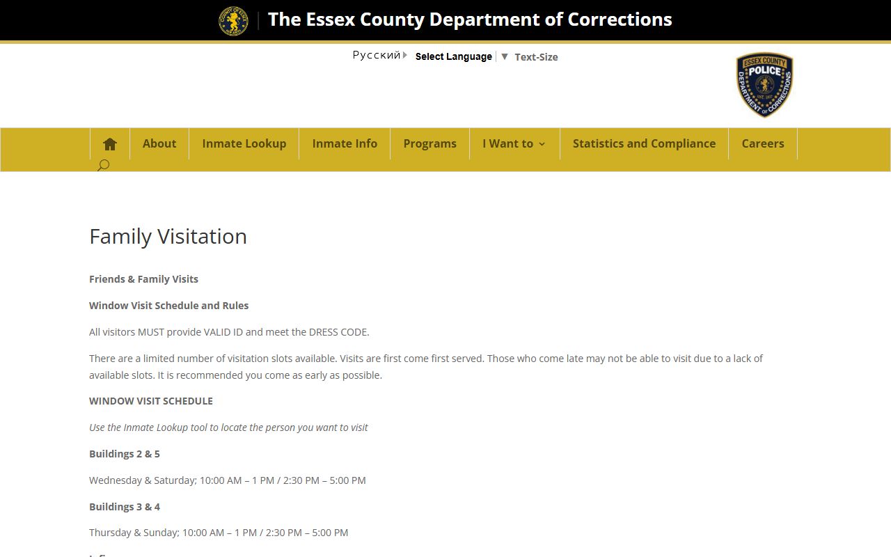Essex County inmate records visitation schedule and rules
