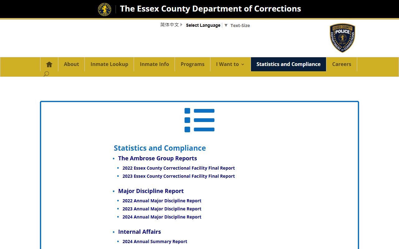 Essex County inmate population statistics and compliance page