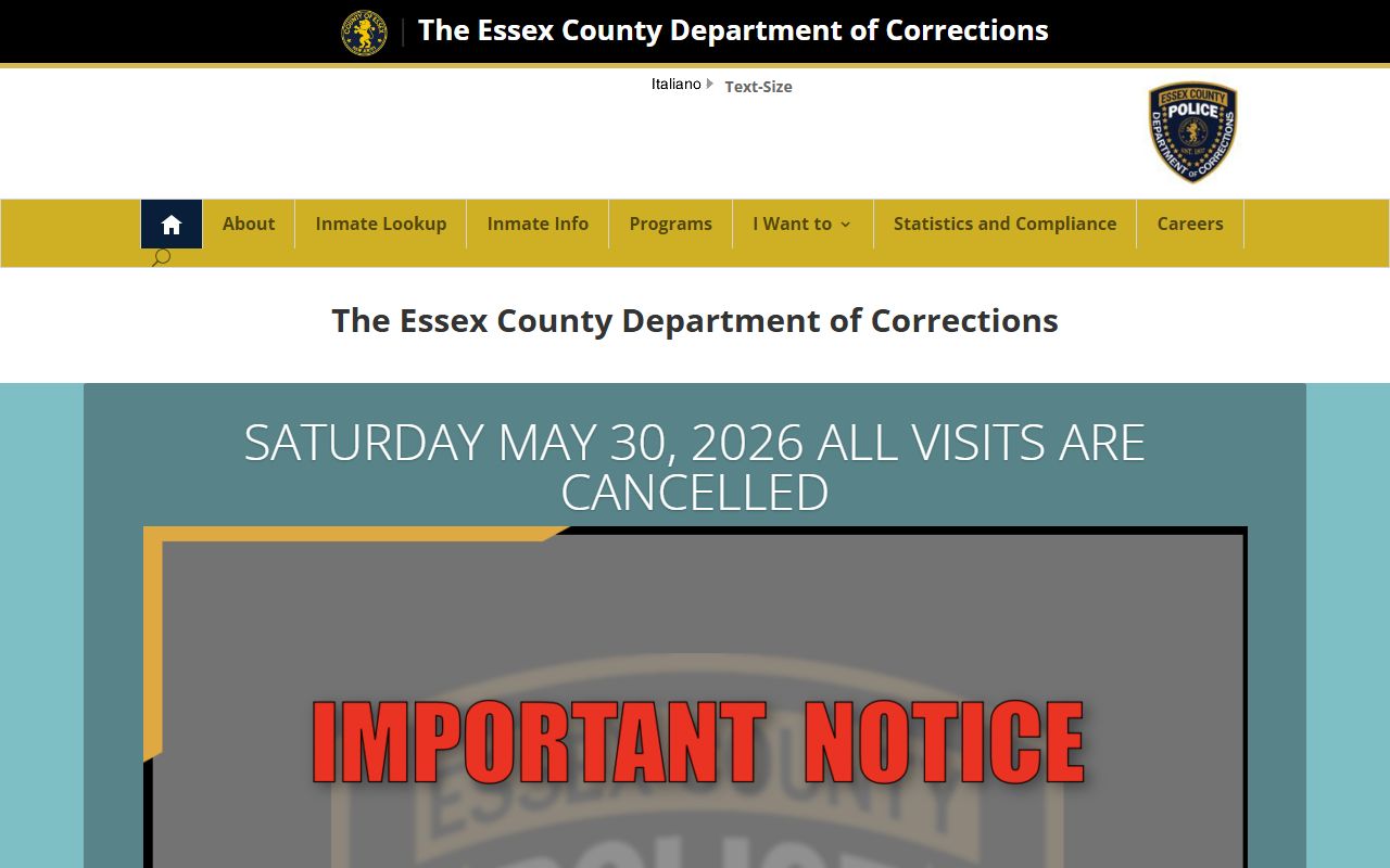 Essex County inmate search Department of Corrections homepage